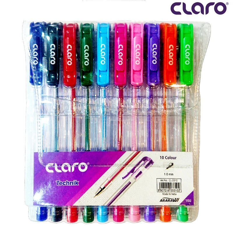 Claro Technik Ball Point Pen 1.0 mm Tip Pack Of 10 Colors , Fast-Flowing Ink Technology(CL-3310)